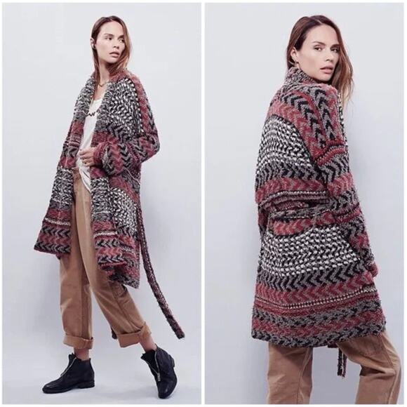 Free People Iona Long Belted Cardigan XS Heavy Knit Distressed Boho Wool Alpaca - Picture 1 of 14